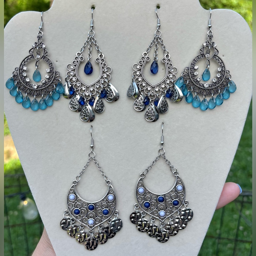 Various Silver Filigree Chandelier Earrings with Blue and Aqua Accents